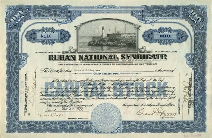 Cuban National Syndicate - 1928 dated Cuba Stock Certificate